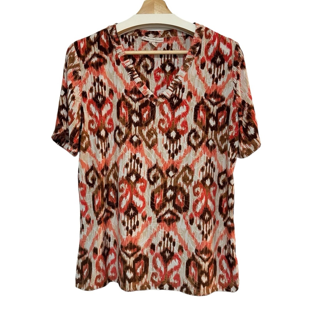 JM Collection Top Womens 0X Paisley Orange Tan Short Sleeve Jacquard Stretch